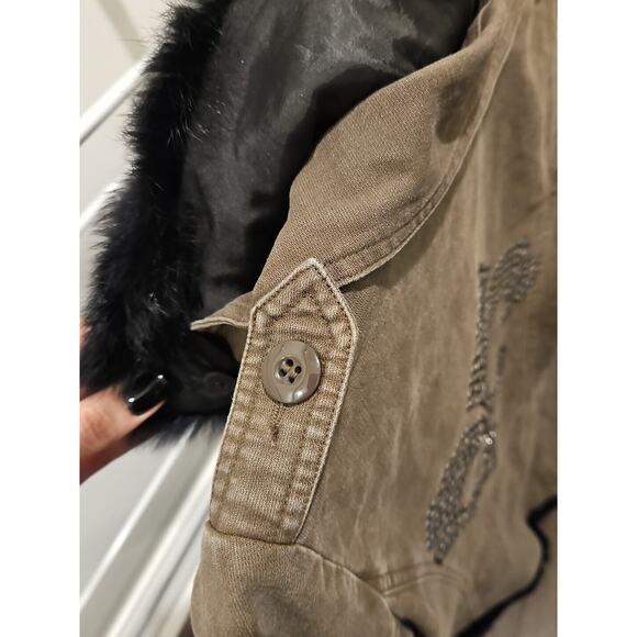 Y2K S Miss Me Olive Army Jacket, Real Rabbit Fur Lined & FleurDeLis Studded Back - Picture 6 of 8